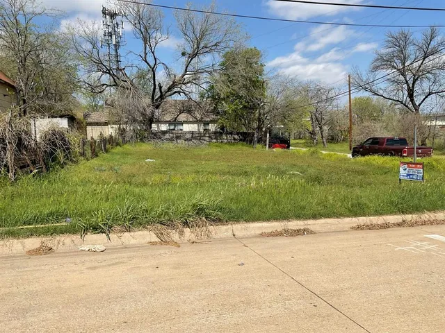 a view of a park with large trees