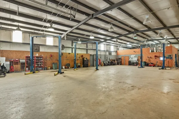 a view of a garage with storage