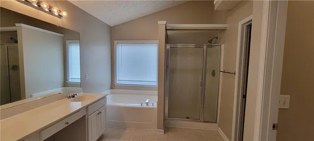 a bathroom with a tub sink shower and mirror