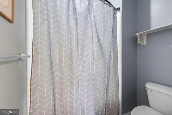 a bathroom with a toilet and a shower curtain