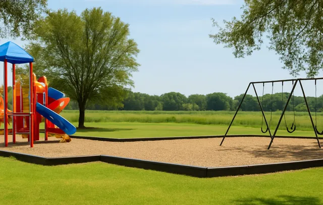 a view of a park with slide