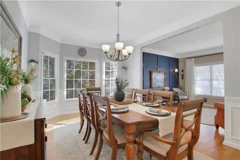 a view of a dining room with furniture window and outside view