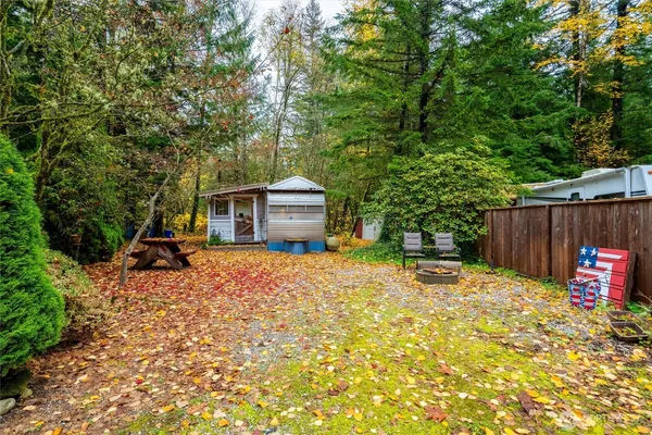 a backyard of a house with table and chairs