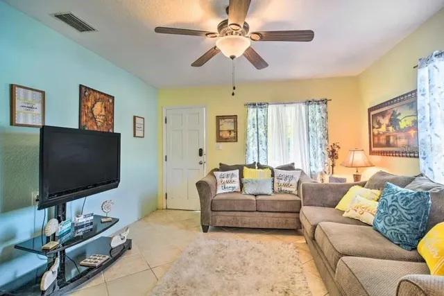 a view of a dining room with furniture