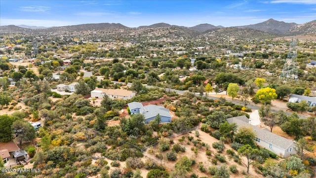 an aerial view of residential houses with outdoor space and trees