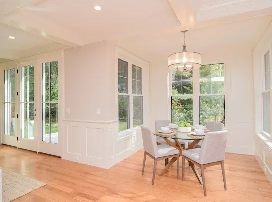 a view of a dining room with furniture window and outside view
