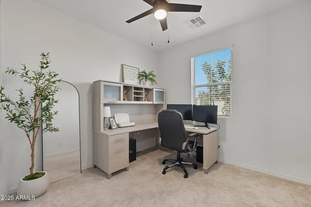 a view of a workspace with furniture and a potted plant