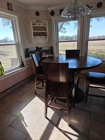 a view of a dining room with furniture window and outside view