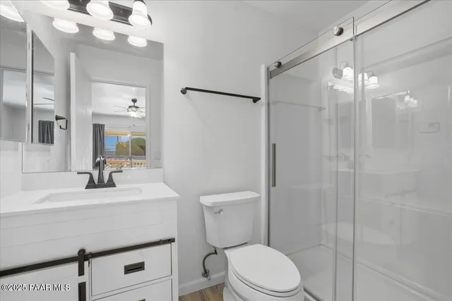 a bathroom with a sink a toilet a mirror and shower
