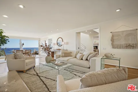 a living room with furniture a potted plant and a large window