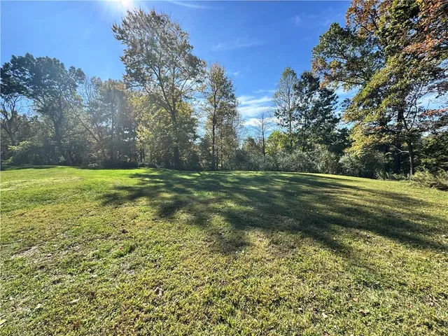 a view of a field with trees in the background