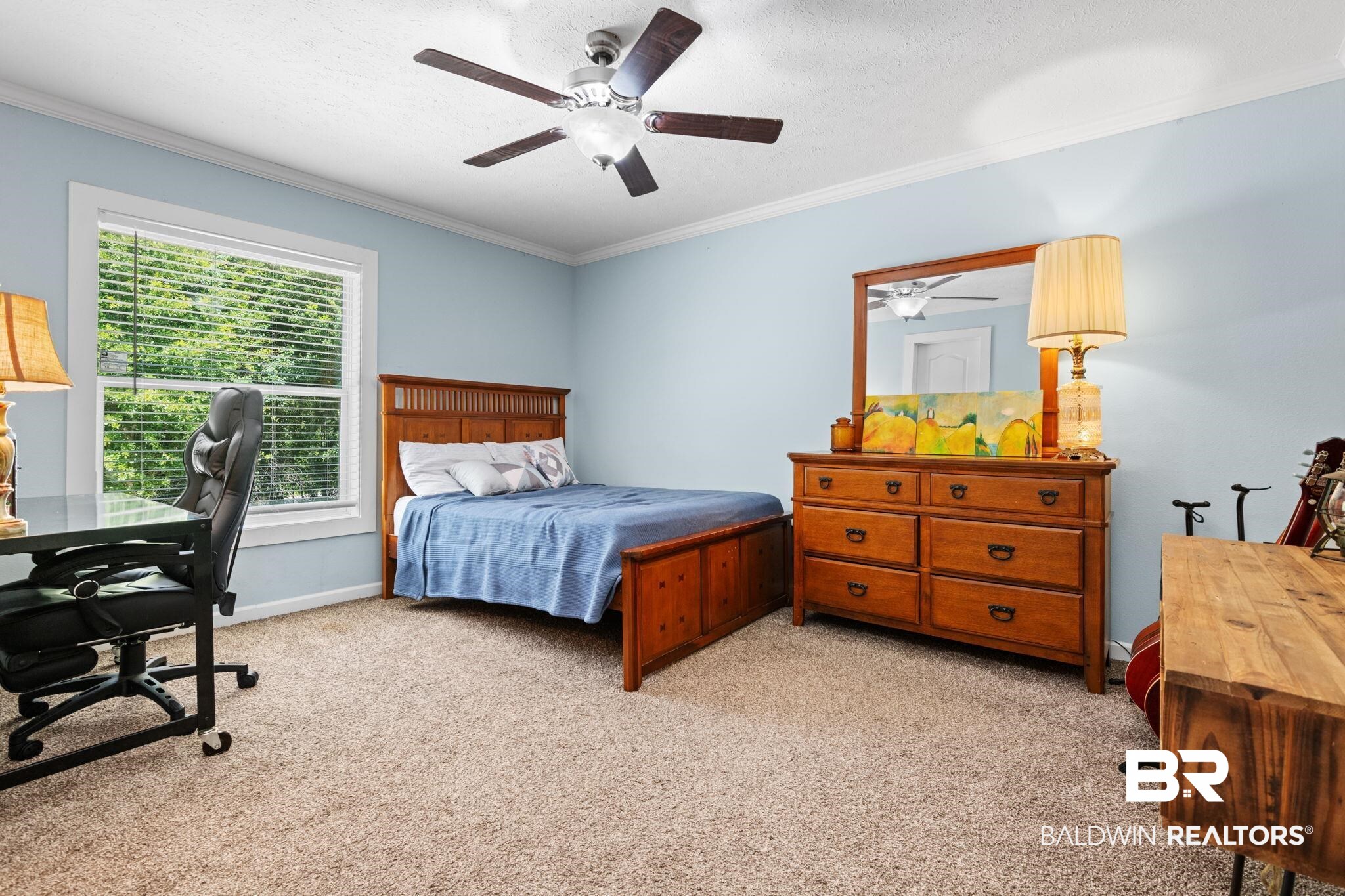 10703 South Ridge Drive Semmes, AL 36575 - Photo 28 of 37 Bedroom with light colored carpet, ornamental molding, a ceiling fan, and a desk