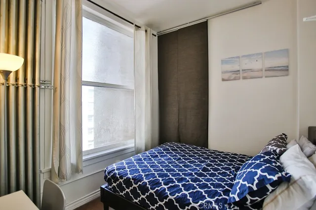 a bedroom with a bed and a black walk in closet