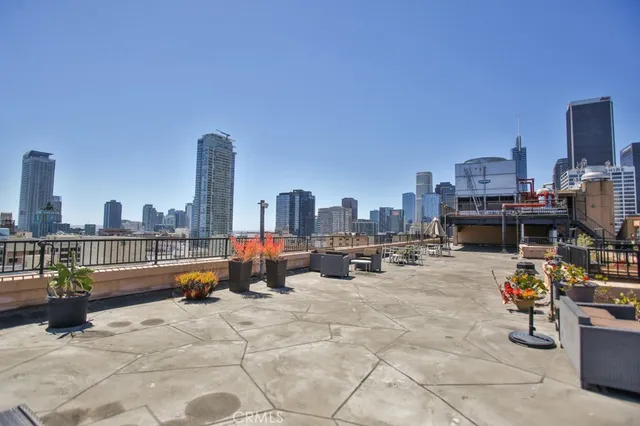 a city view with tall buildings