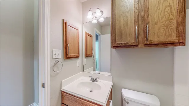 a bathroom with a sink a toilet and mirror
