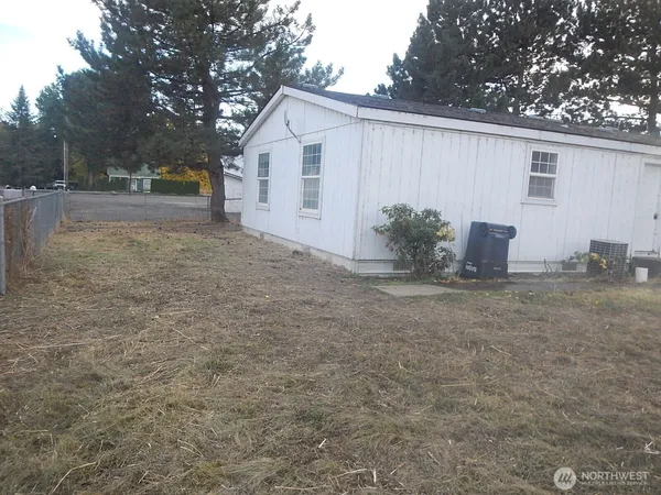 a view of a backyard with large tree