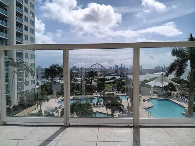 a view of a building from a living room