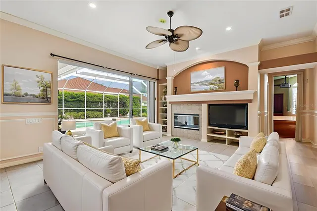 a view of a backyard with a swimming pool