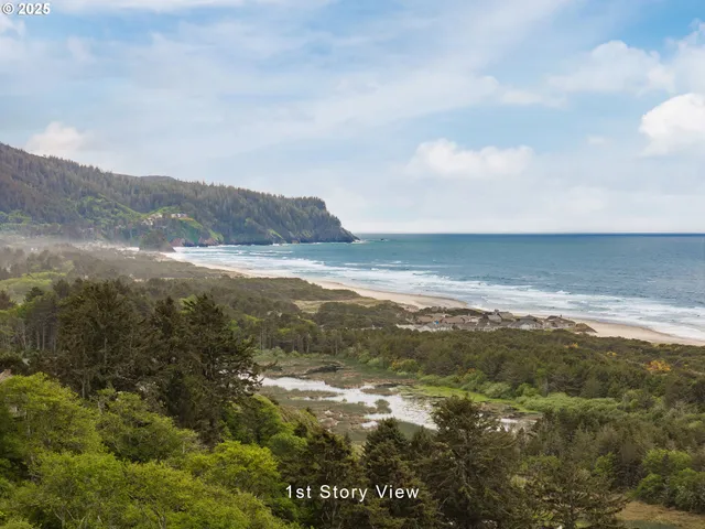 a view of an ocean and a mountain