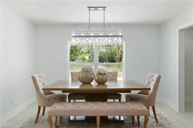 a view of a dining room with furniture window and outside view