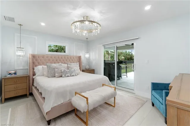 a spacious bedroom with a bed and a large window