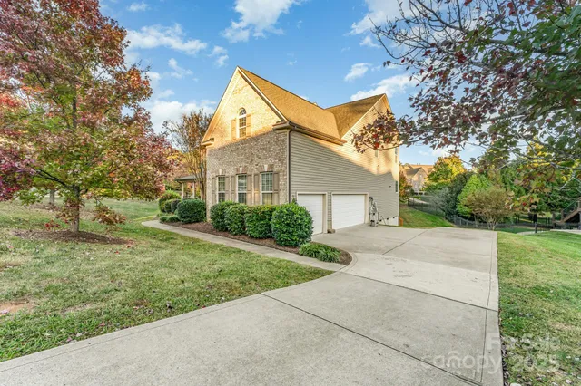 a backyard of a house with plants and large tree