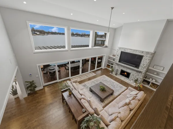 a living room with furniture and a table