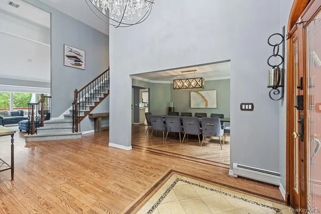 a living room with furniture and a table