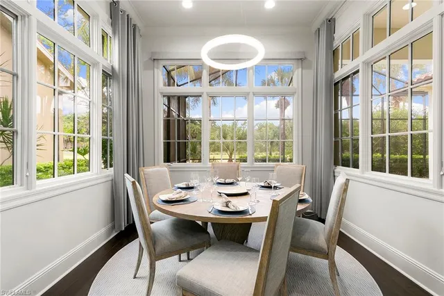a view of a dining room with furniture window and outside view