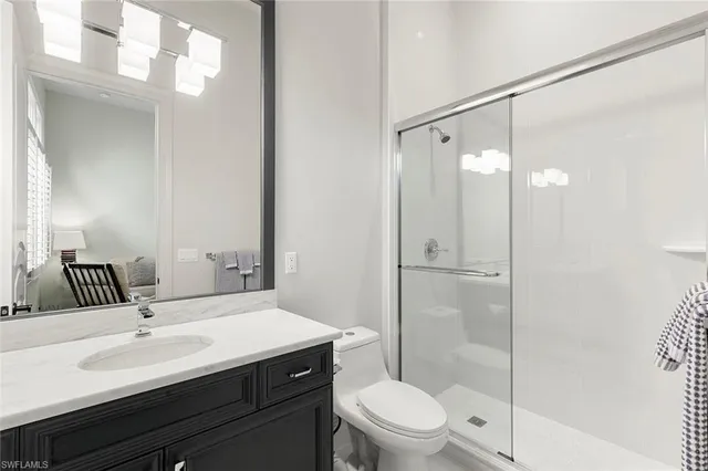 a bathroom with a sink a toilet a mirror and shower