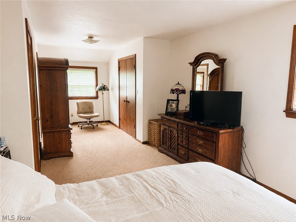 6155 Gibson Road Canfield, OH 44406 - Photo 27 of 43 Carpeted primary bedroom featuring multiple windows with blinds, a ceiling-mounted light fixture, and wood-trim doors and window frames