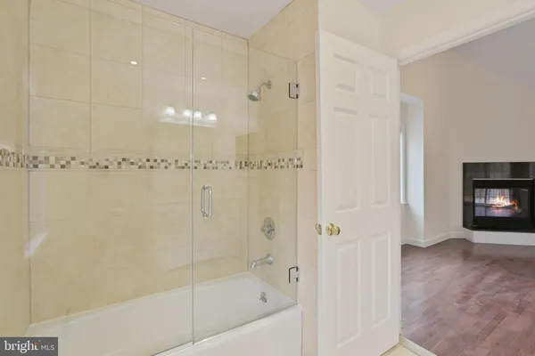 a bathroom with a shower and a fireplace