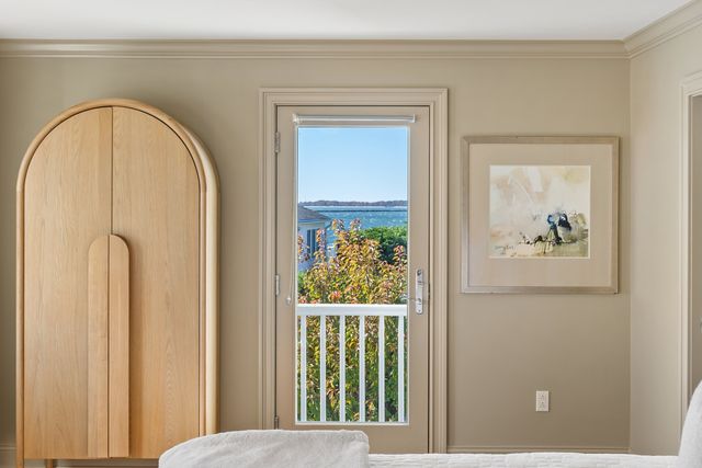 a view of a balcony with a door