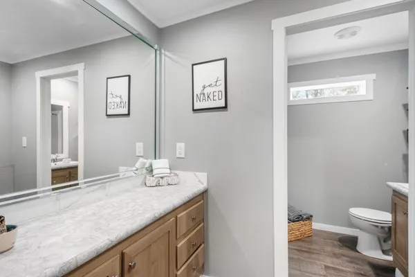 a bathroom with a granite countertop sink a toilet and a mirror