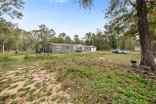 a view of a large yard with plants and trees