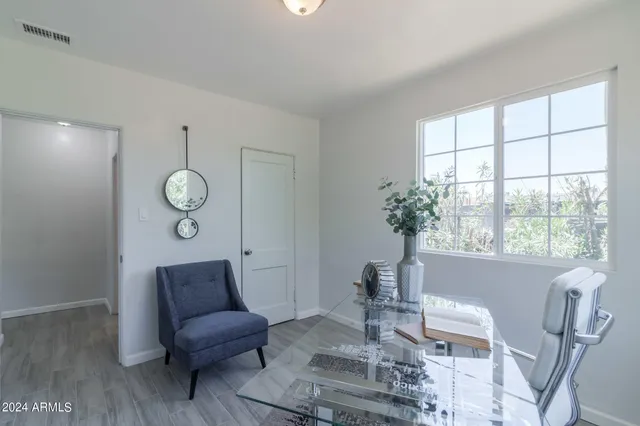 a living room with furniture a window and a potted plant