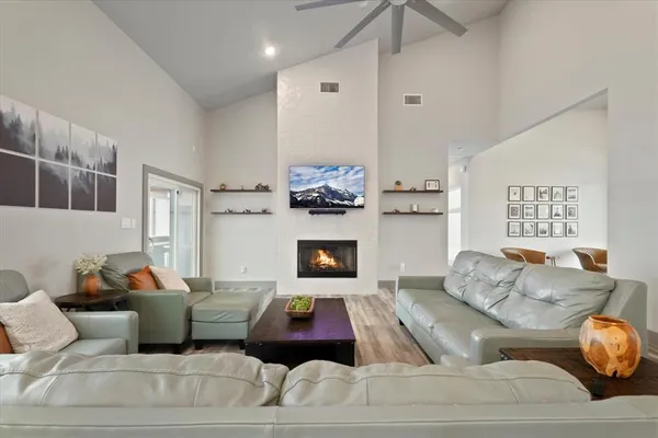 a living room with furniture and a fireplace