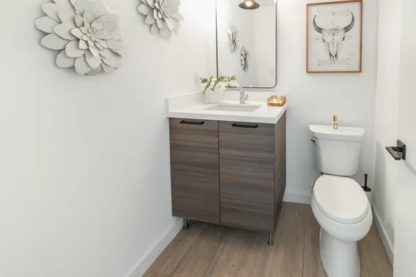 a bathroom with a sink mirror vanity and toilet