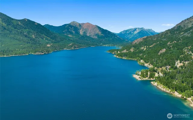 a view of a lake with a mountain in the background