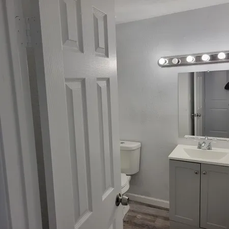 a bathroom with a toilet a sink and mirror