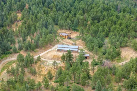 a aerial view of a house with a yard and large trees