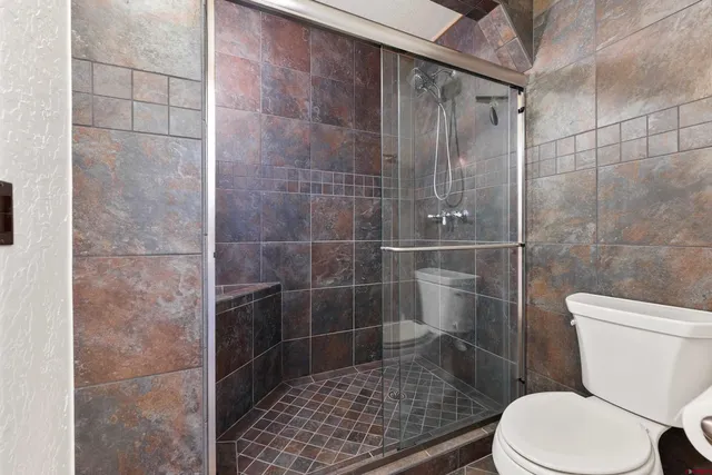 a white toilet sitting next to a shower