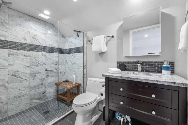 a bathroom with a granite countertop sink a toilet and a shower