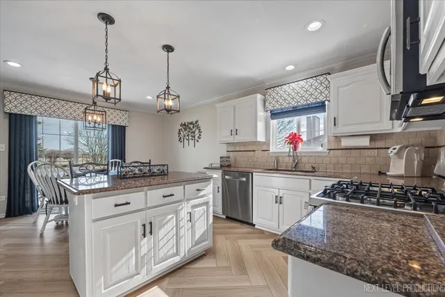 a kitchen with stainless steel appliances granite countertop a stove a sink dishwasher a refrigerator white cabinets and wooden floor