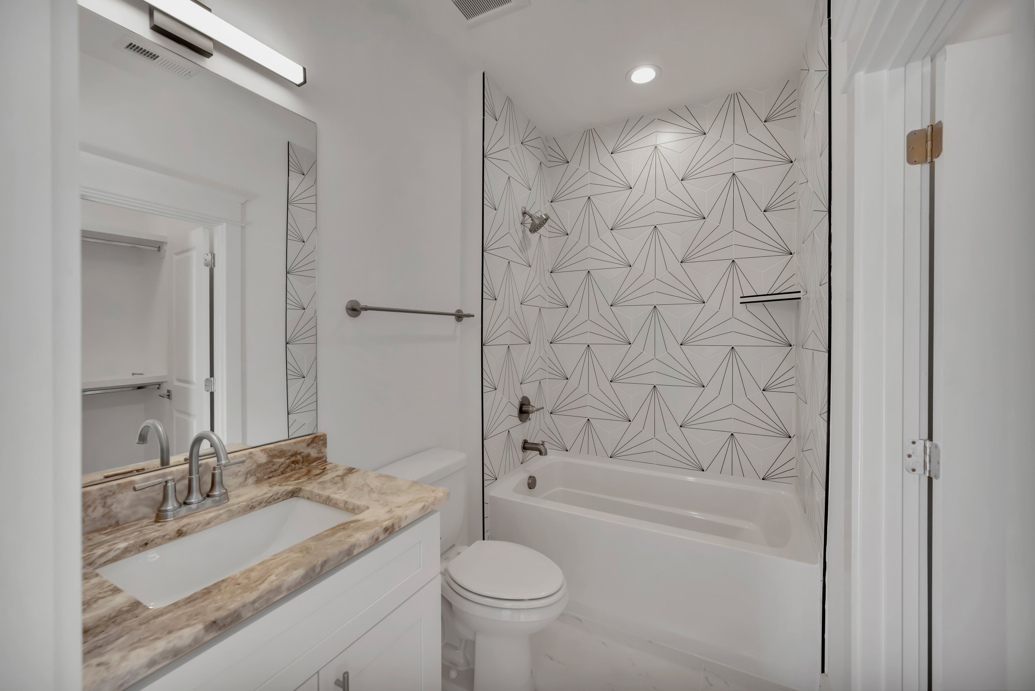 520 Croley Drive, Unit A (RIGHT SIDE) Nashville, TN 37209 - Photo 21 of 39 a bathroom with a granite countertop sink toilet mirror and shower