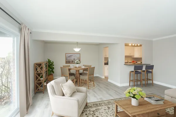 a living room with furniture and a potted plant