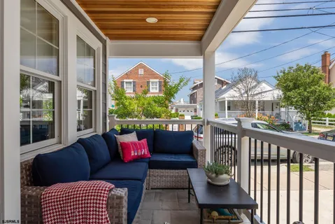 a view of a bench in front of a building