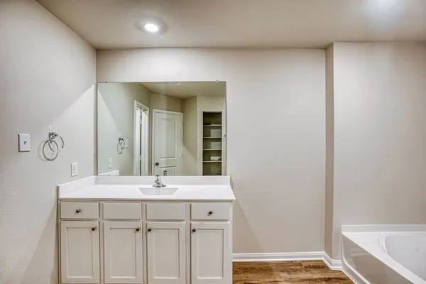 a bathroom with a sink and a mirror