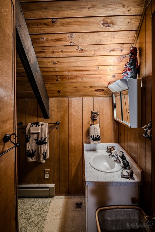 107-109 Shagbark Road Beech Mountain, NC 28604 - Photo 40 of 45 a bathroom with a sink and mirror