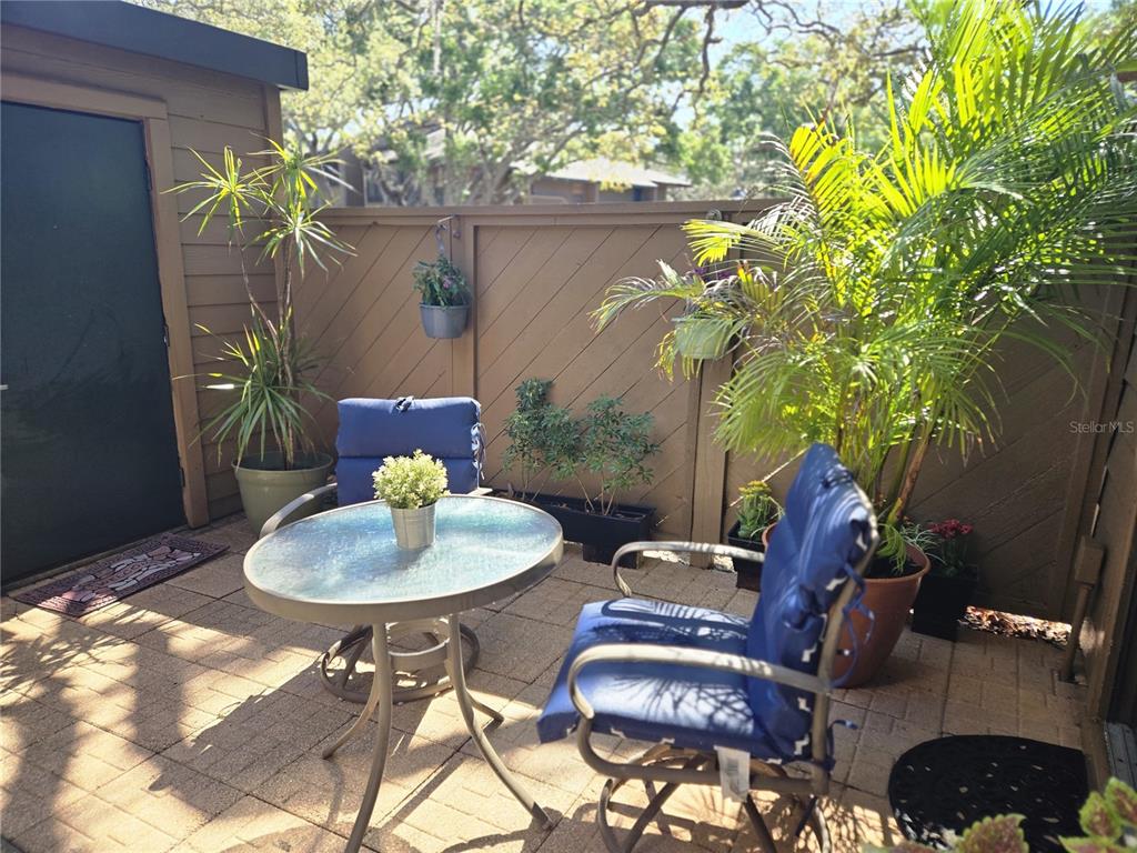 103 Cypress Pond Road, Unit 103 Palm Harbor, FL 34683 - Photo 16 of 52 a backyard of a house with table and chairs